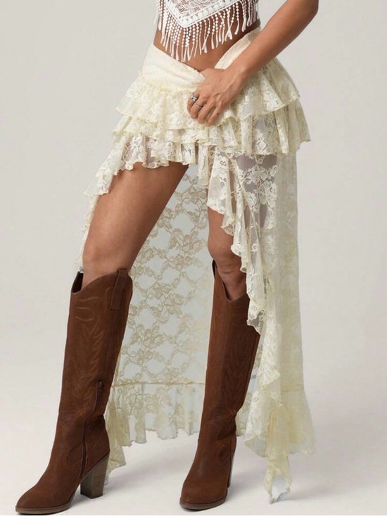 Dresses & Skirts - Boho Lace High-Low Ruffle Skirt in Cream